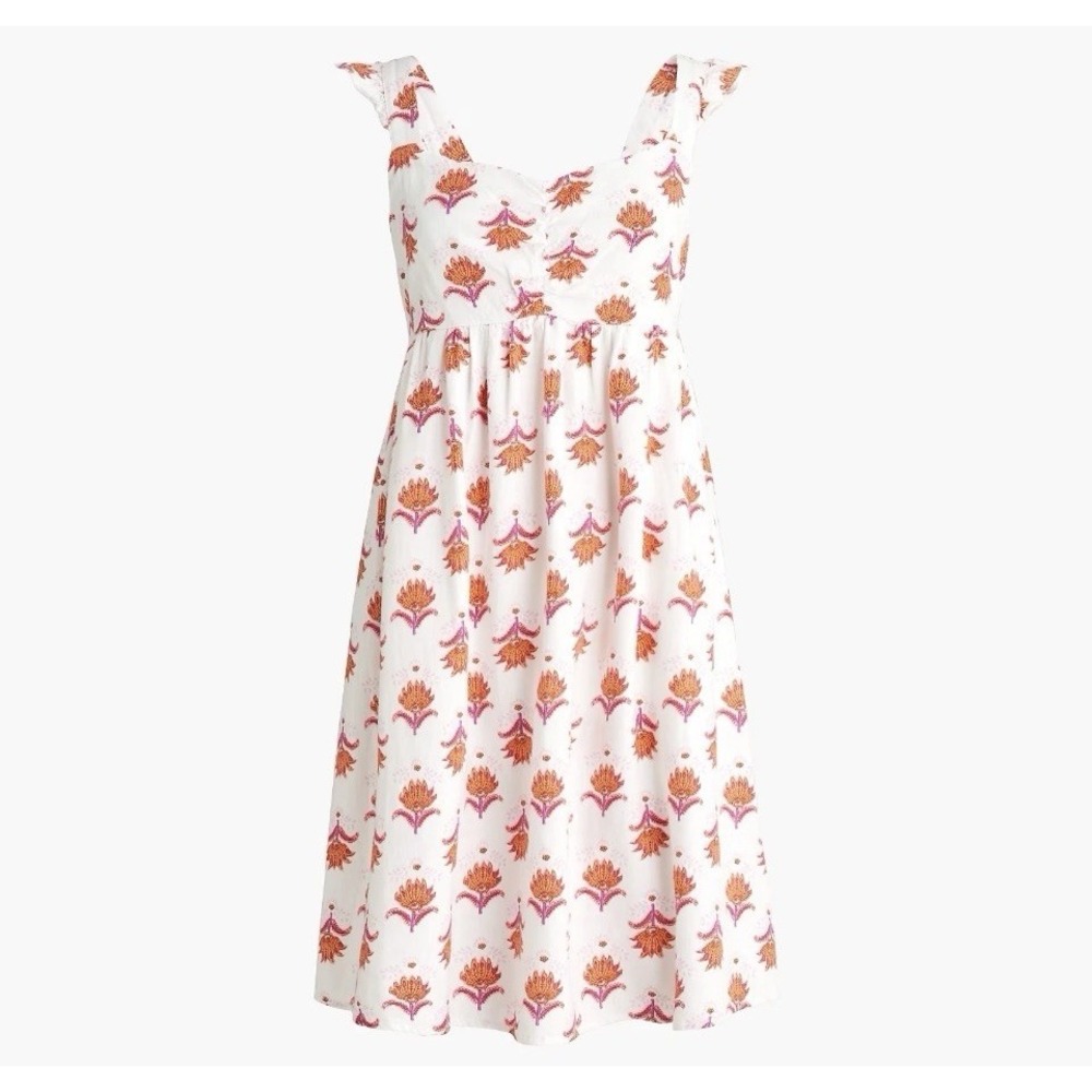 J Crew Linen Blend Floral Sun Dress Womens 6 White Orange Feminine Pockets
